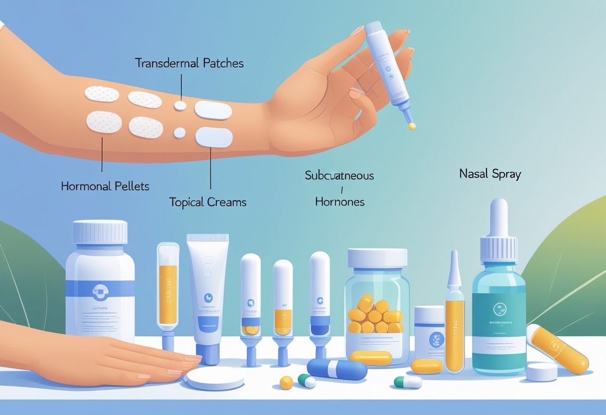 Illustration showing various bioidentical hormone therapy delivery methods including skin patches, topical creams, hormone pellets under the skin, oral capsules, and nasal spray.