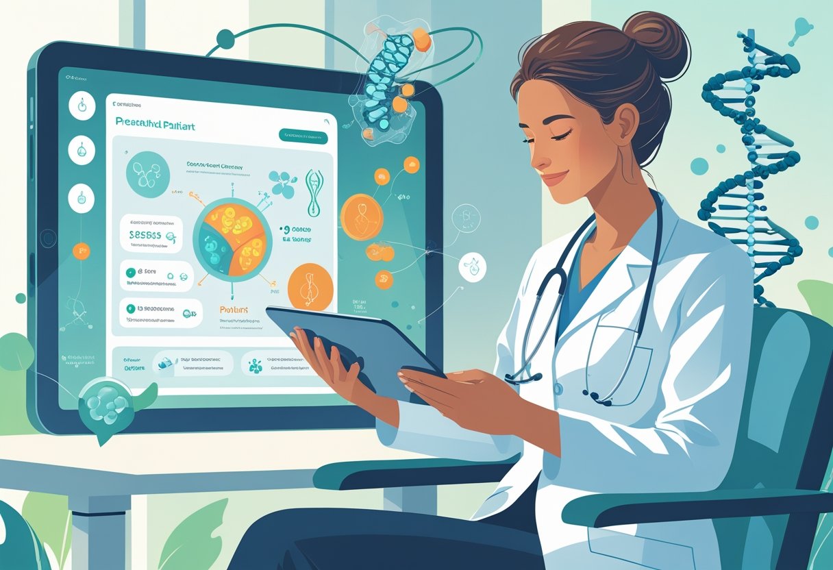 A healthcare professional reviews medical data with a patient in a clinical setting, surrounded by symbolic representations of hormones and biology.