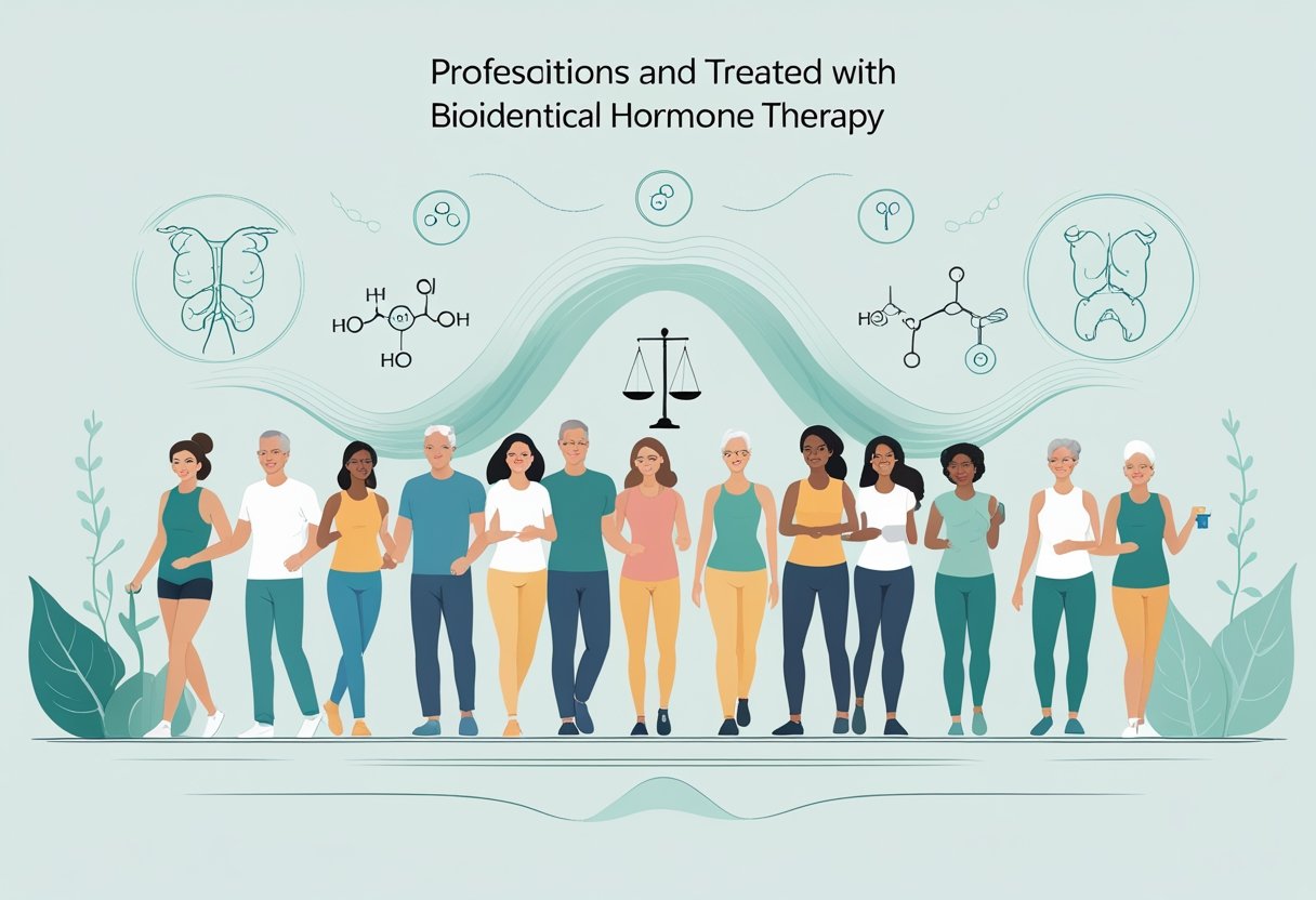 A diverse group of adults engaging in healthy activities surrounded by abstract medical symbols and anatomical outlines representing hormone balance and endocrine glands.
