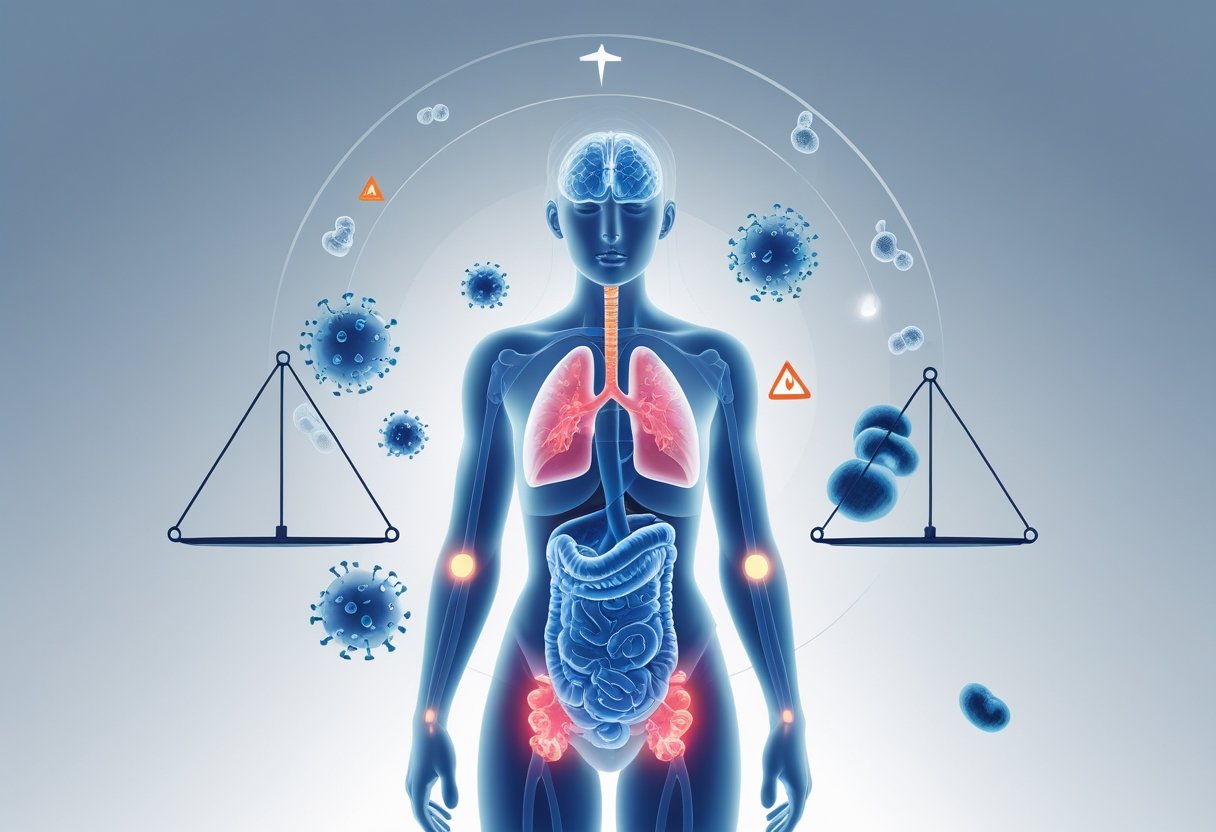 A semi-transparent human figure showing internal endocrine organs surrounded by hormone symbols and subtle warning icons indicating potential risks and side effects of hormone therapy.