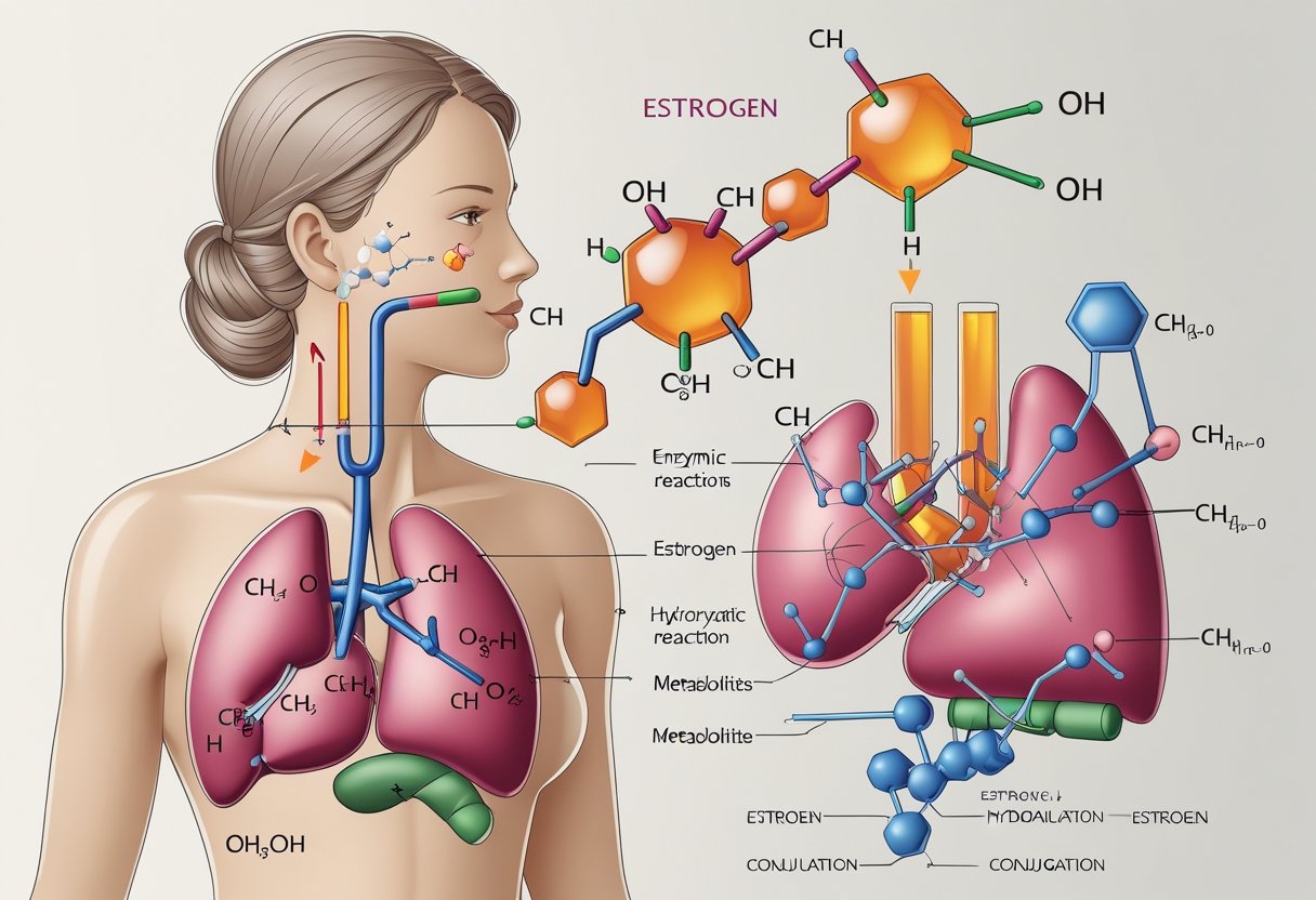 Illustration showing a female figure with the liver highlighted and arrows depicting the metabolic pathways of estrogen conversion into different metabolites.