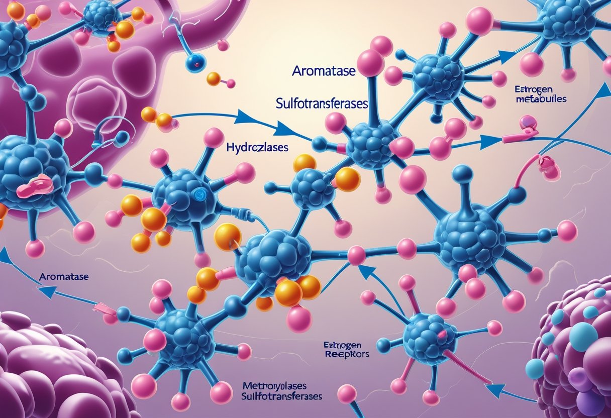 Illustration showing enzymes and receptors involved in estrogen metabolism with molecular structures and cellular components connected by arrows.