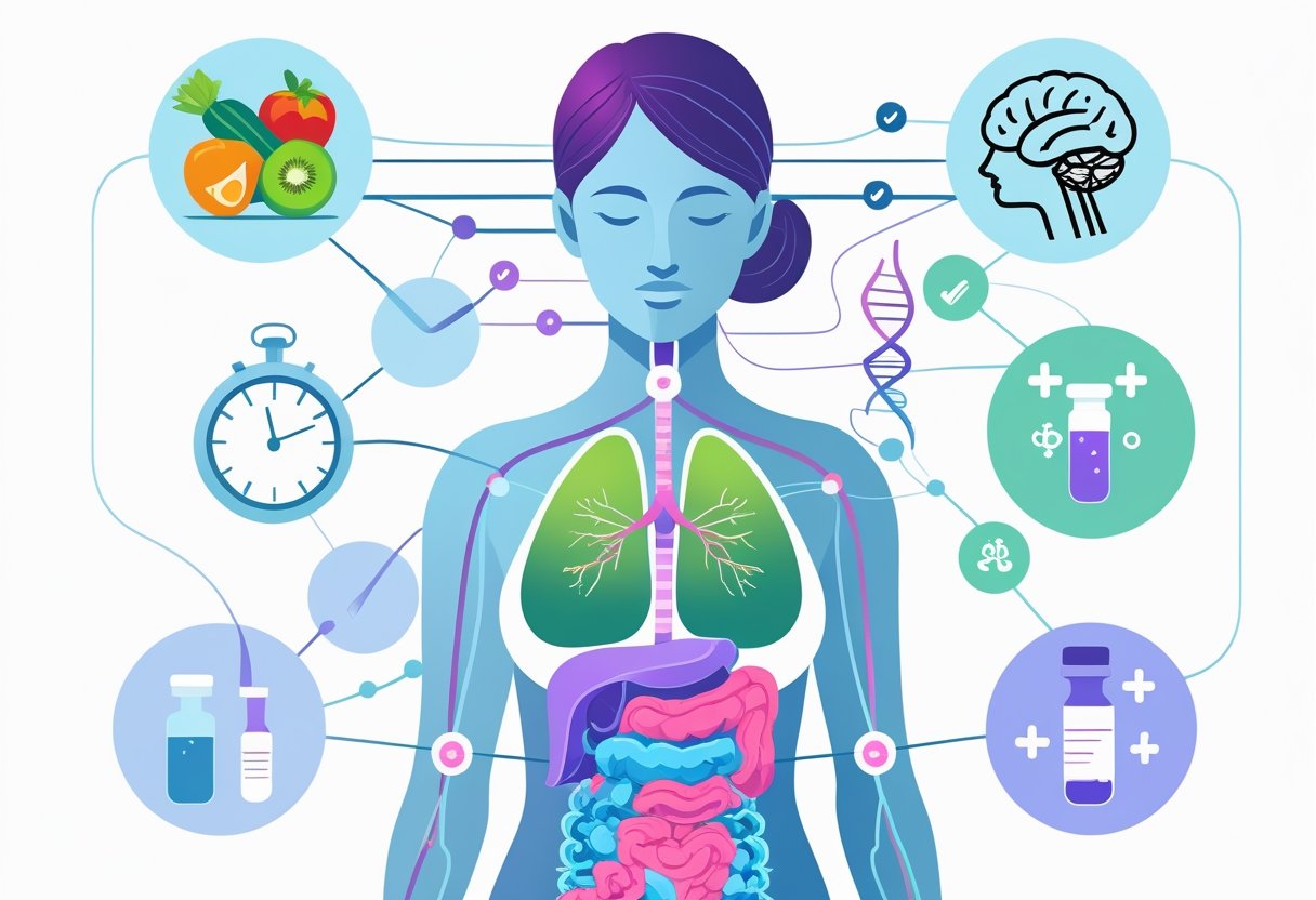 Illustration showing a female figure with surrounding icons representing diet, genetics, medication, stress, and environment influencing estrogen metabolism.
