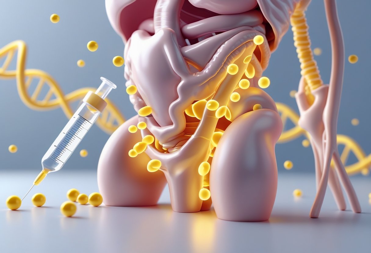 Illustration of a female reproductive system with glowing hormone molecules around the uterus and a medical vial in the background.