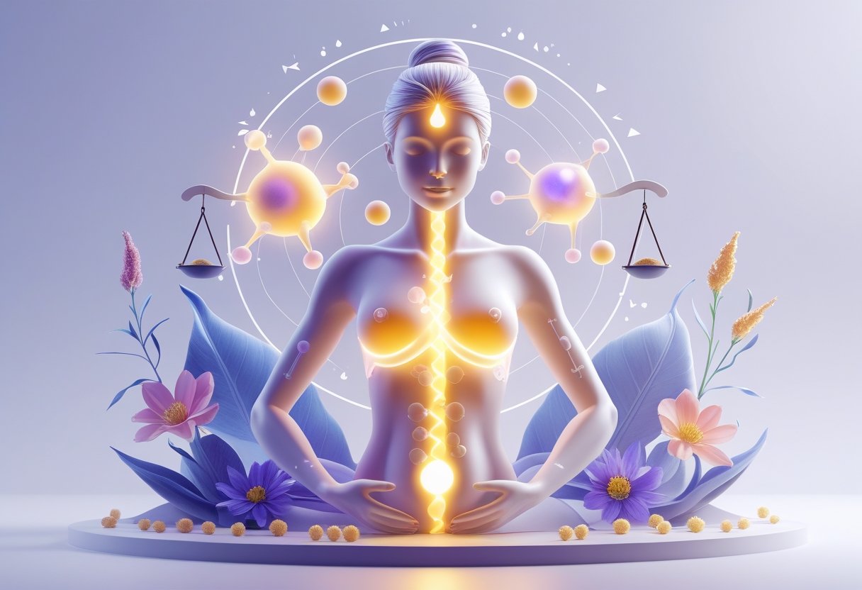 An illustration showing a female figure with highlighted ovaries surrounded by hormone molecules and symbols of health and balance.