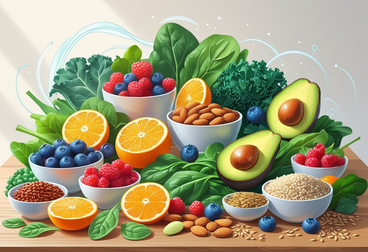 A variety of fresh fruits, vegetables, nuts, and grains arranged on a table with soft glowing elements suggesting health and balance.