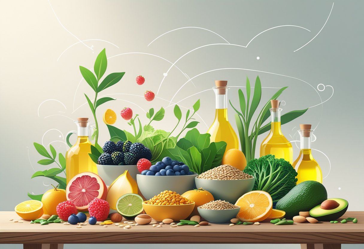 A table displaying a variety of fresh fruits, vegetables, nuts, seeds, and healthy fats arranged to represent balanced, hormone-supportive nutrition.