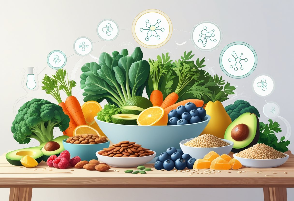A variety of fresh vegetables, fruits, nuts, seeds, whole grains, and healthy fats arranged together to represent nutrients that support hormonal balance.