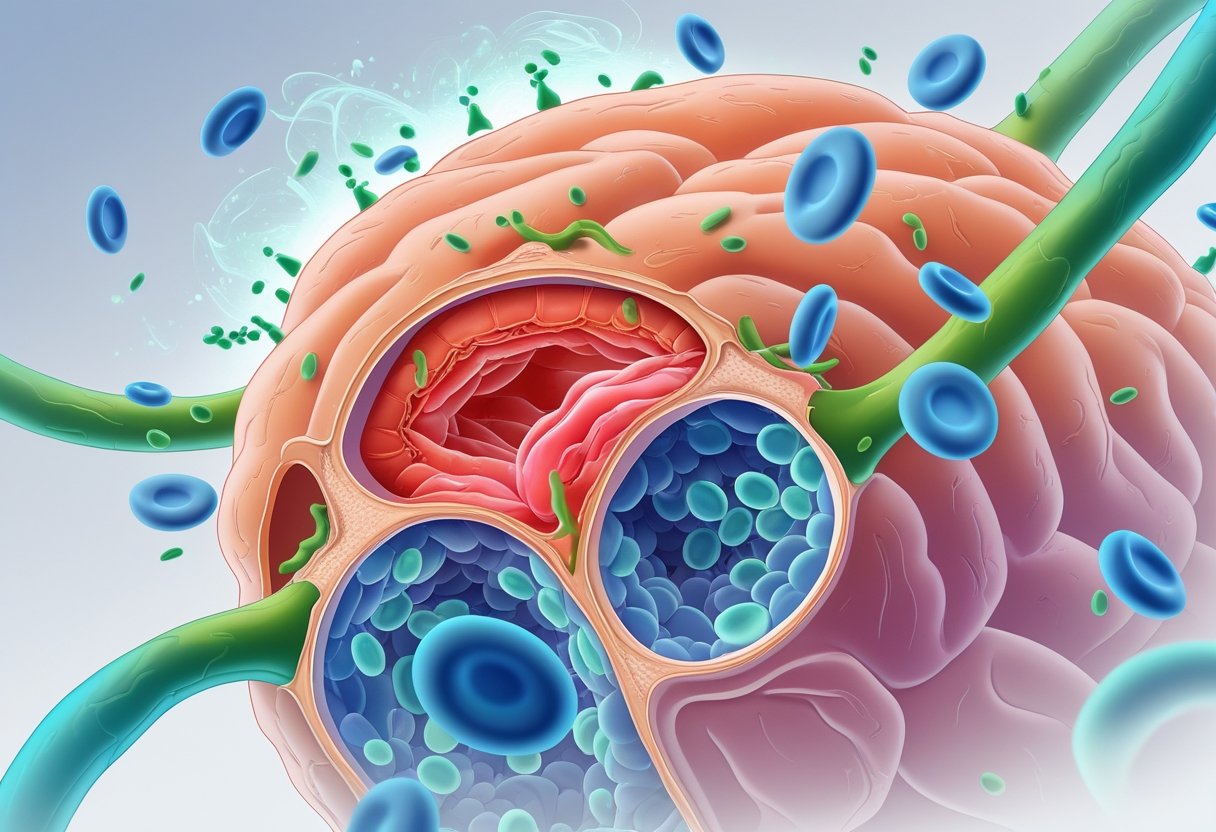 Close-up illustration of human tissue showing inflamed areas with immune cells working to reduce inflammation.