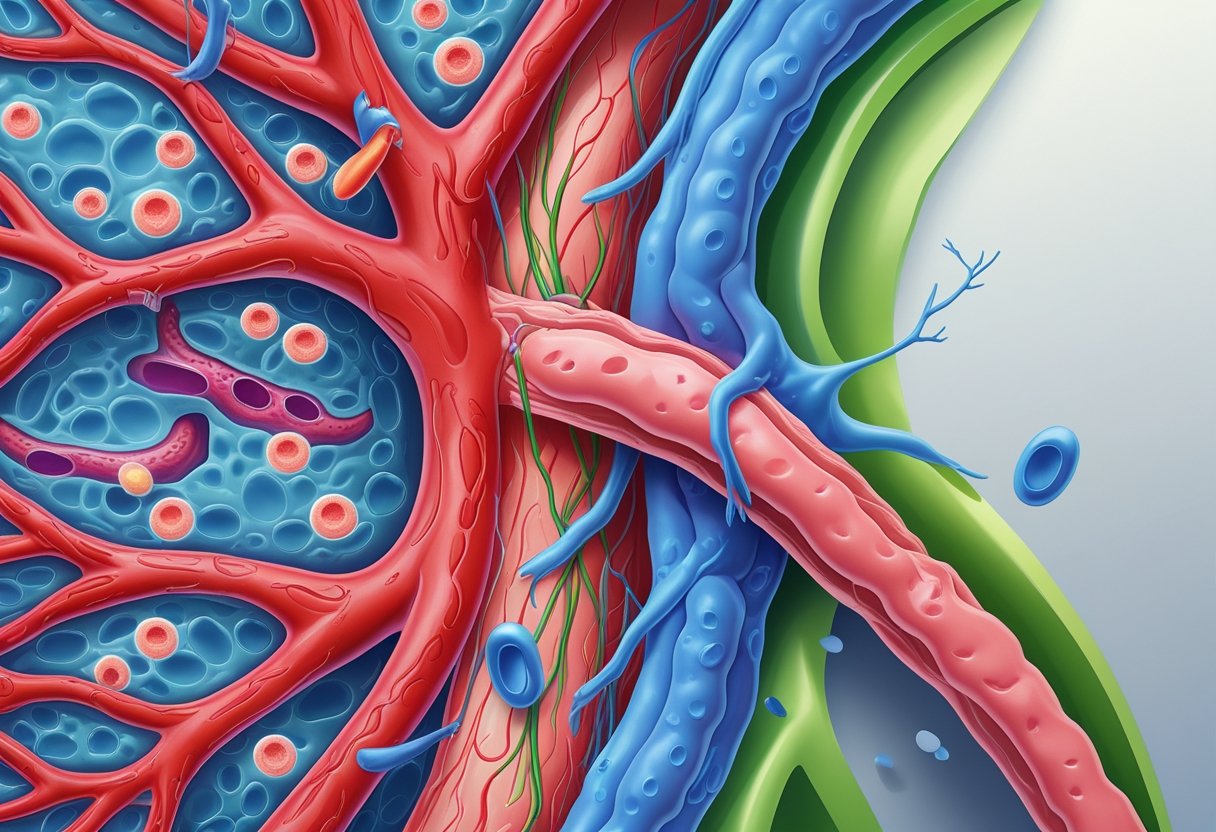 Close-up view of inflamed human tissue with immune cells and blood vessels, showing areas of inflammation and healing.