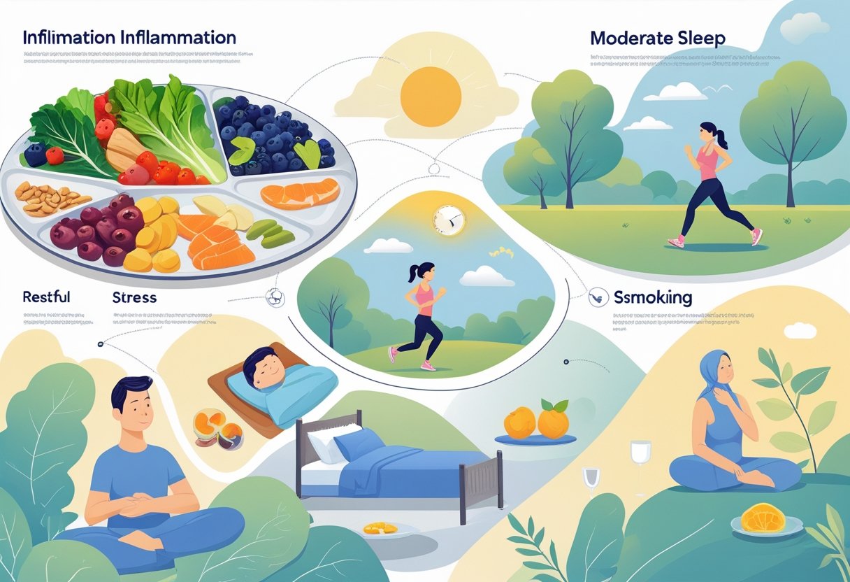 Illustration showing different lifestyle factors affecting inflammation, including healthy eating, exercise, restful sleep, stress management, and avoiding smoking and alcohol.