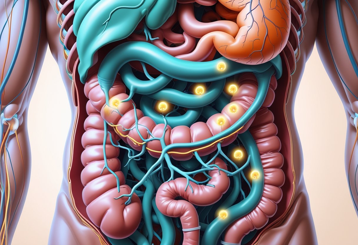 Cross-sectional view of the human digestive system showing gut cells releasing hormones that travel through blood vessels and nerves connecting to the brain.