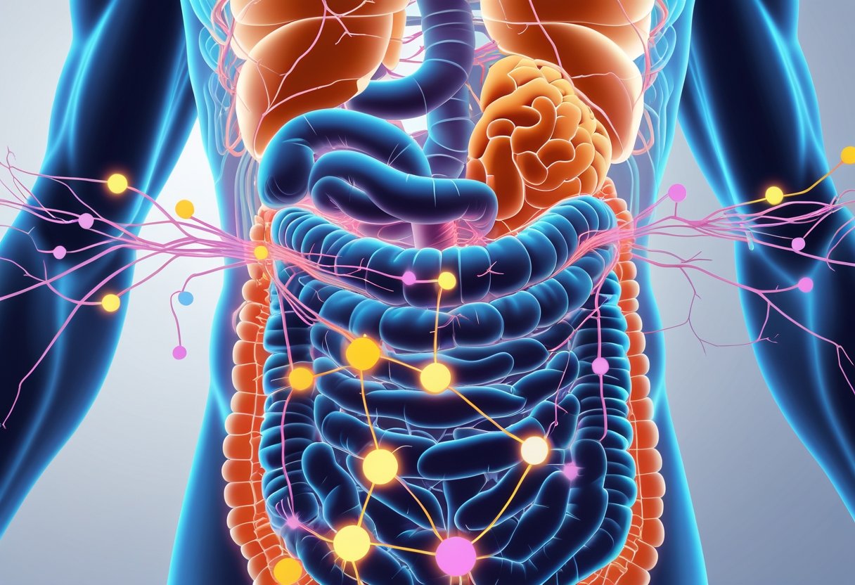 Illustration showing neural pathways connecting the gut and brain with hormone molecules traveling between them.