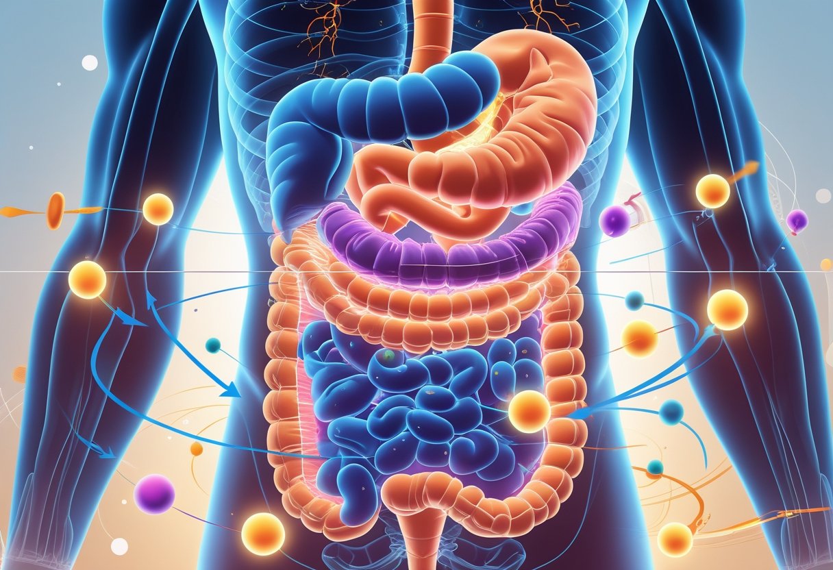 Illustration showing a human torso with the digestive system highlighted and colorful hormone particles connecting the gut to the brain, liver, and pancreas, representing metabolic regulation.