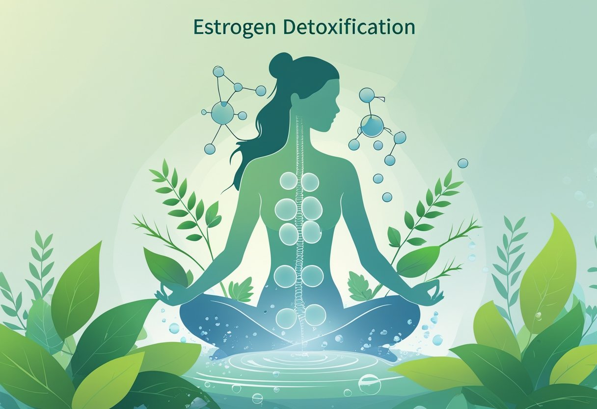 A calm female figure surrounded by green leaves, herbs, and water droplets with fading hormone molecules around her, symbolizing detoxification and renewal.