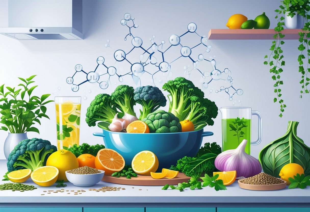 A kitchen countertop with fresh vegetables, fruits, seeds, and a glass of infused water, symbolizing diet and nutrition for estrogen detox.