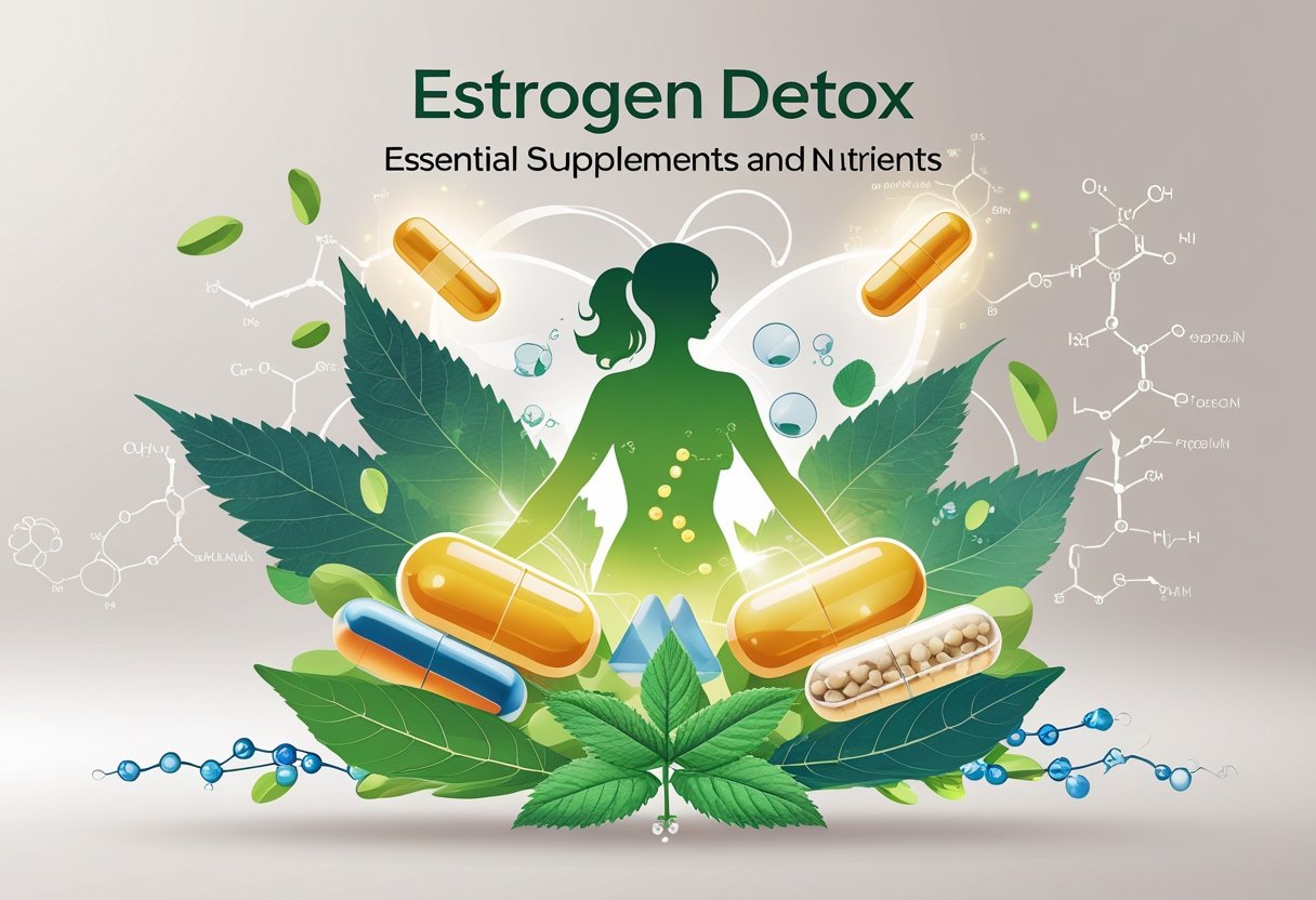 An illustration showing supplements, herbal leaves, and a female silhouette surrounded by symbols representing nutrients and detoxification.