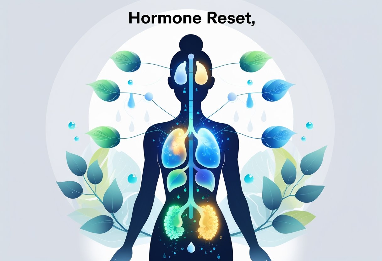 A human figure with glowing endocrine glands surrounded by natural elements like leaves and water droplets, symbolizing hormonal balance and renewal.
