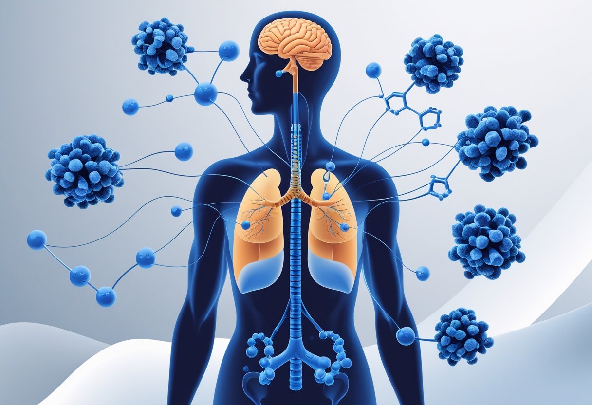 Illustration of a human body showing major endocrine glands with hormone molecules around them, representing key hormones involved in hormone reset.