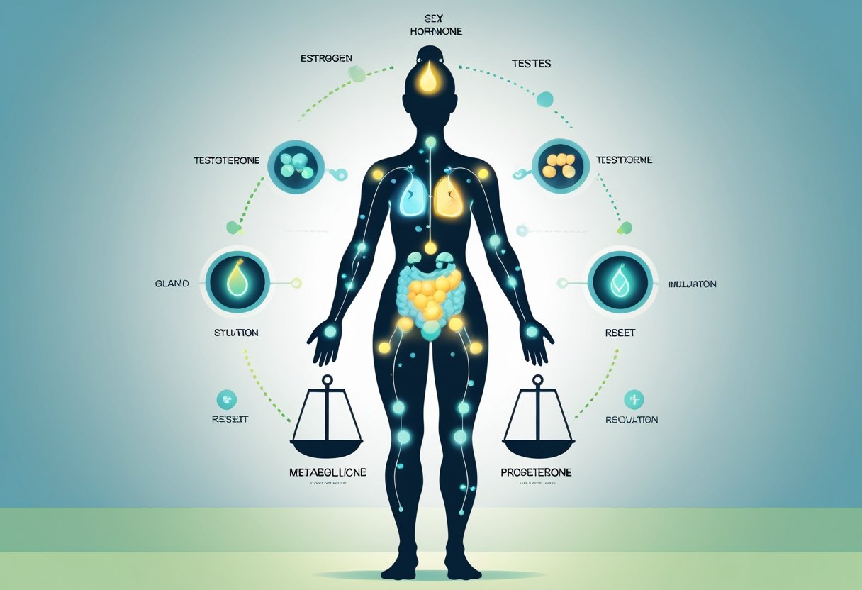 A human silhouette highlighting endocrine glands with glowing hormone symbols around it, alongside icons representing weight regulation and a reset button.