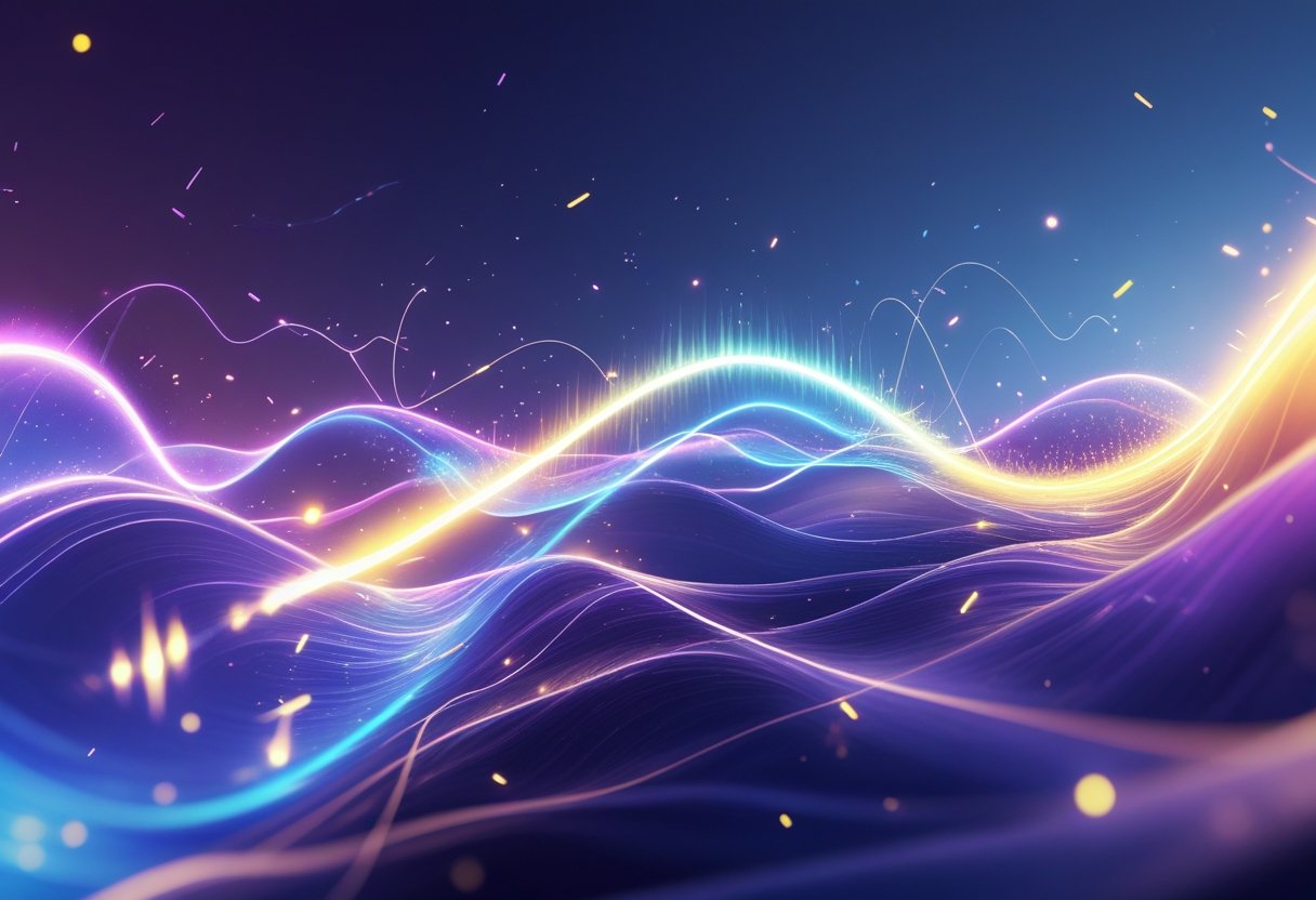 An abstract scene showing flowing waves of light and glowing particles representing changing energy levels.