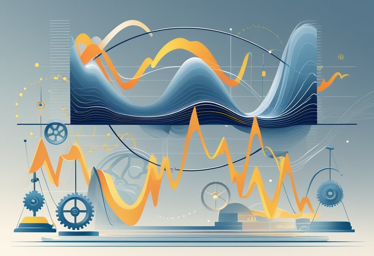 An abstract scientific illustration showing fluctuating energy waves and classical physics elements like gears and pendulums around a central graph of energy levels varying over time.
