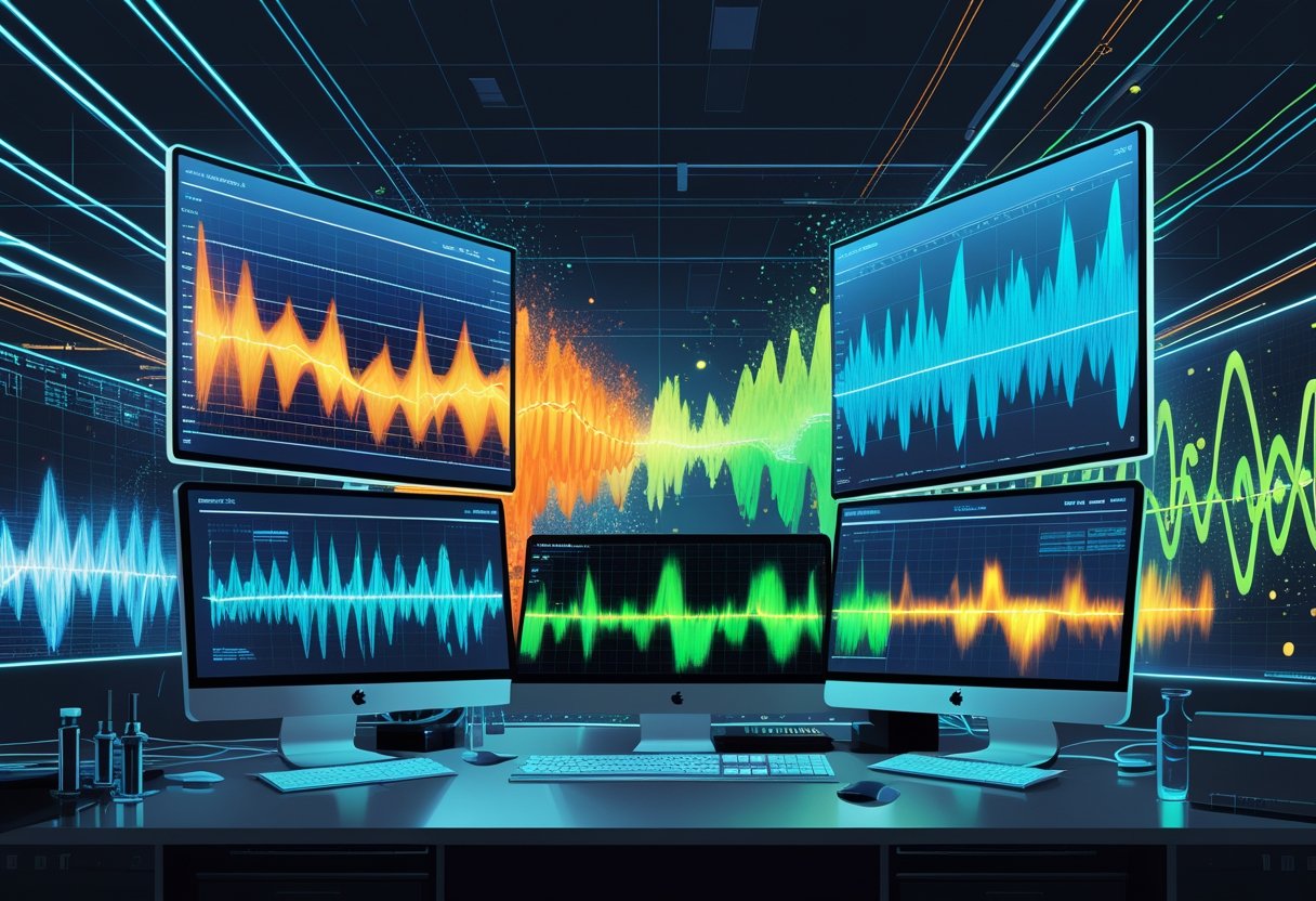 A digital workspace showing computer screens with colorful graphs and waveforms illustrating fluctuating energy patterns.