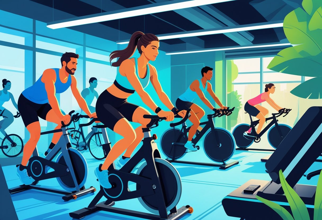 People exercising on stationary bikes in a gym, with fitness equipment and digital displays showing cycling metrics.