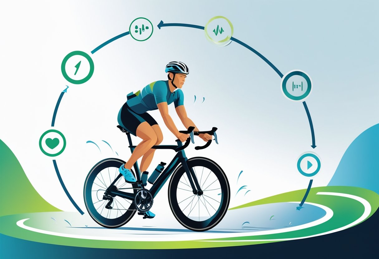 A person riding a bicycle on a looping path surrounded by circular arrows and fitness icons representing different phases of a training cycle.