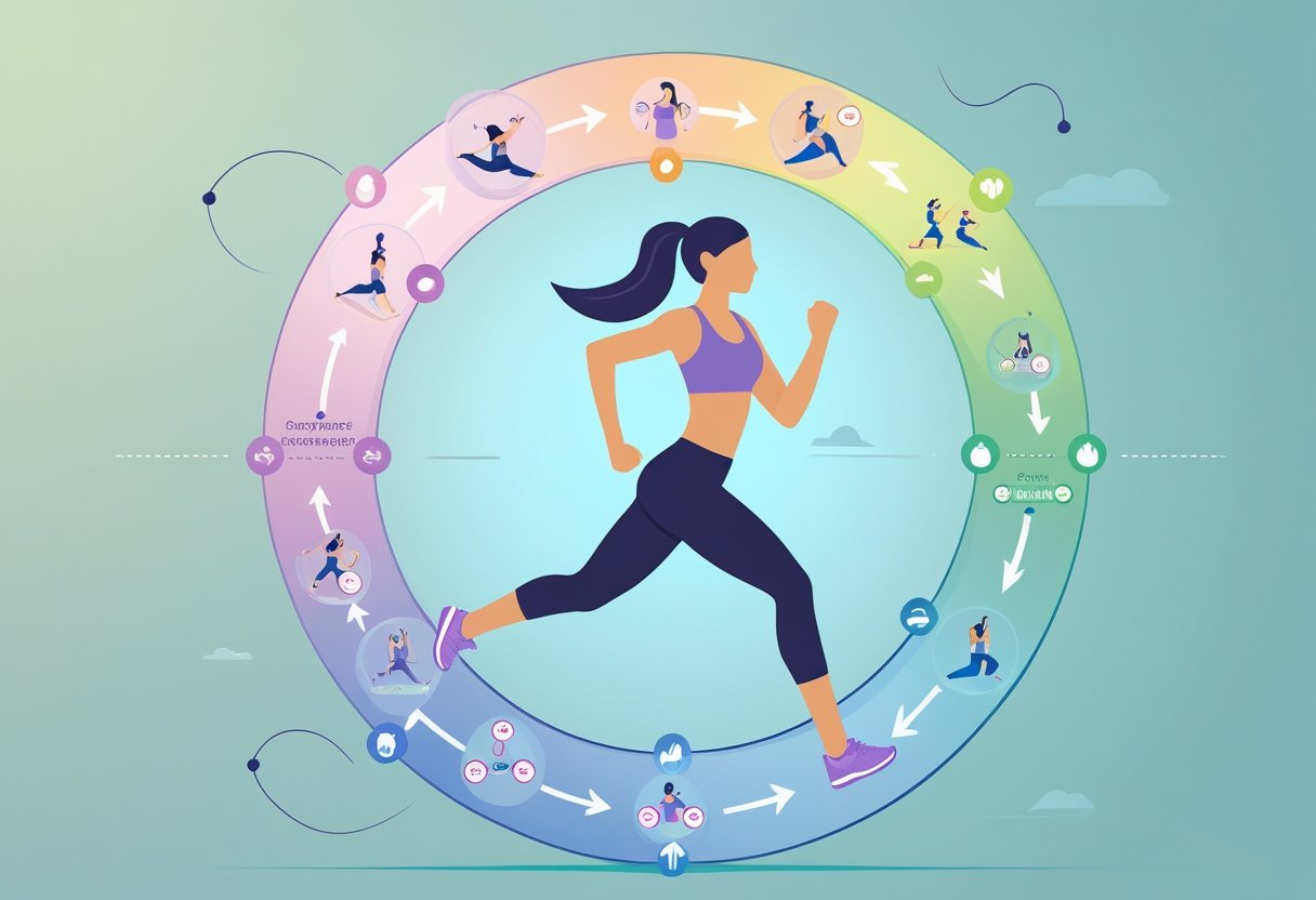 A woman performing different exercises arranged in a circular flow, surrounded by glowing hormone symbols connected with arrows, illustrating the relationship between hormones and fitness cycles.