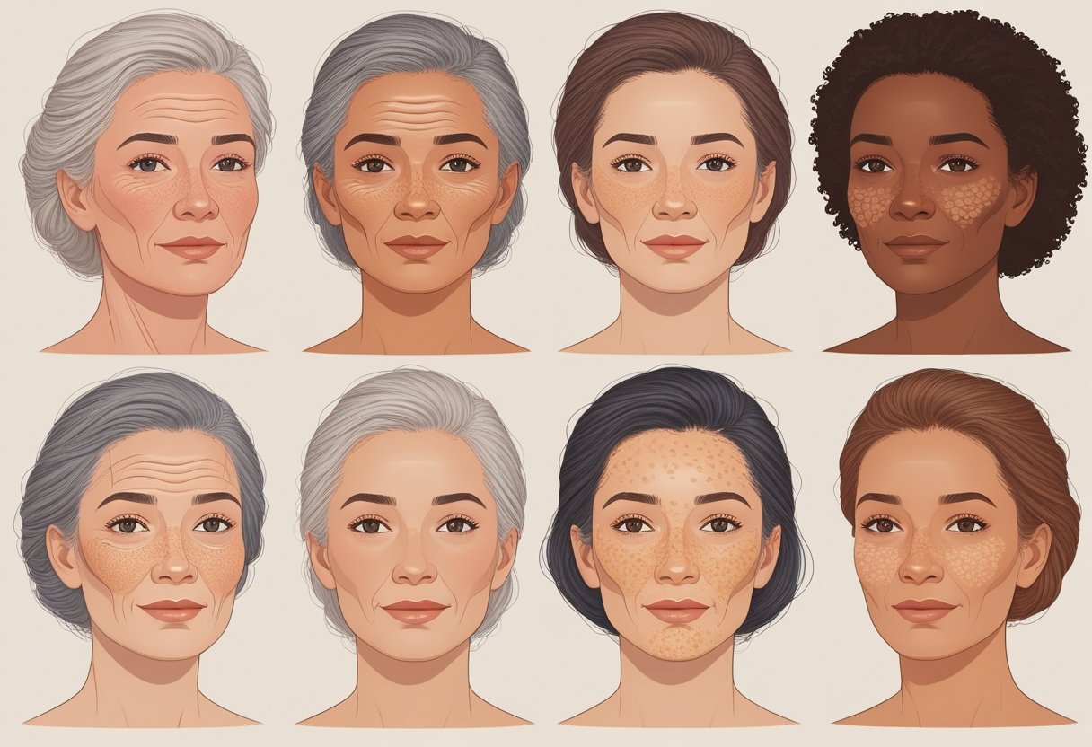 A group of diverse women showing different skin changes like wrinkles, dryness, and pigmentation on their faces.
