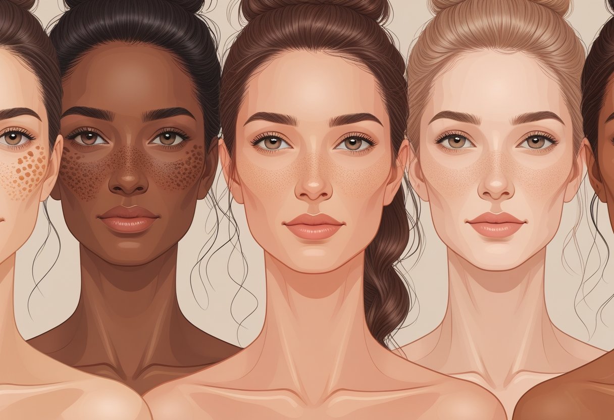 A group of diverse women showing various common skin concerns on their faces and necks, including acne, dark spots, wrinkles, dryness, redness, and uneven skin tone.