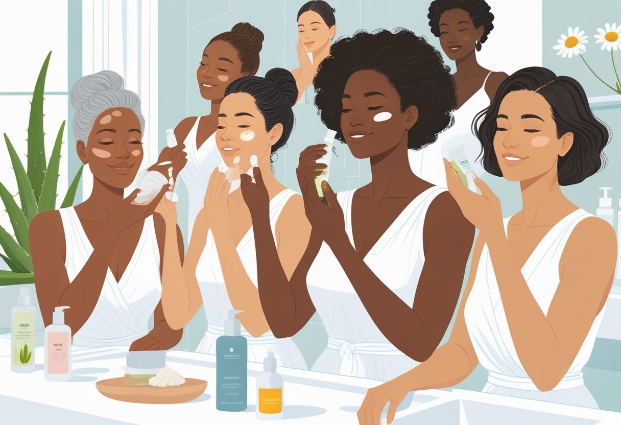 Several women of different ages and ethnicities performing daily skincare routines in a bright bathroom, focusing on caring for changing skin.