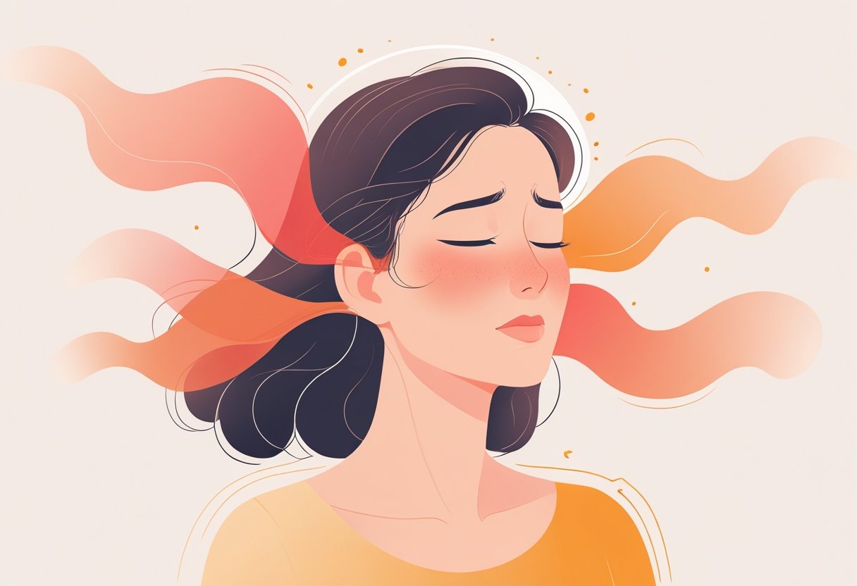 A woman holding her head with a pained expression, with abstract shapes around her temples indicating headache pain.