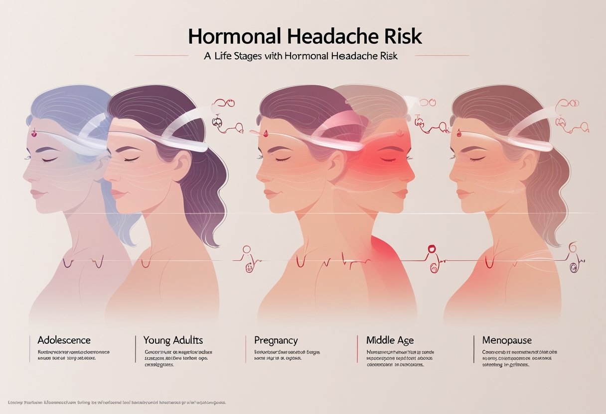 Illustration showing female figures at different life stages with highlighted head areas indicating hormonal headache risk.