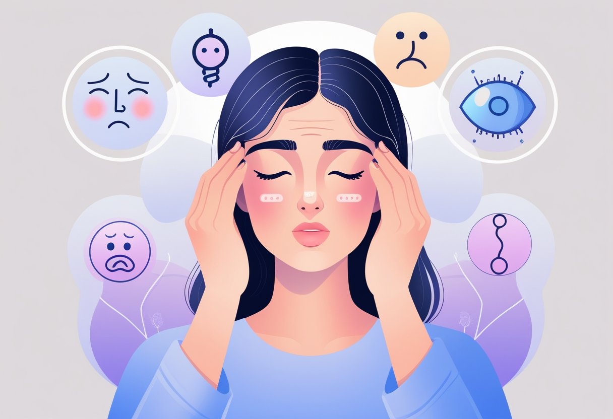 A woman holding her temples in pain, surrounded by icons representing mood swings, fatigue, nausea, light sensitivity, and hormonal imbalance.