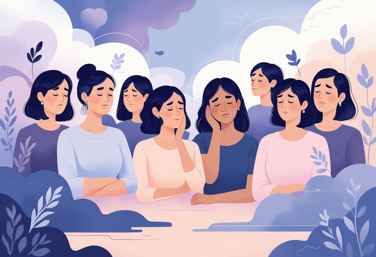 A group of diverse women showing a range of emotions, surrounded by abstract shapes symbolizing mood changes.