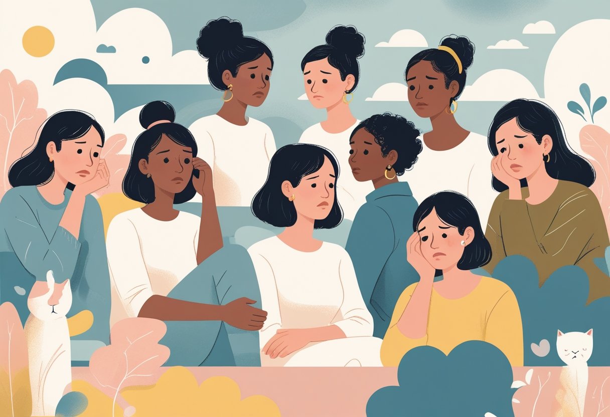 A group of diverse women showing different emotional expressions representing various mood disorders, with a soft and calming background.