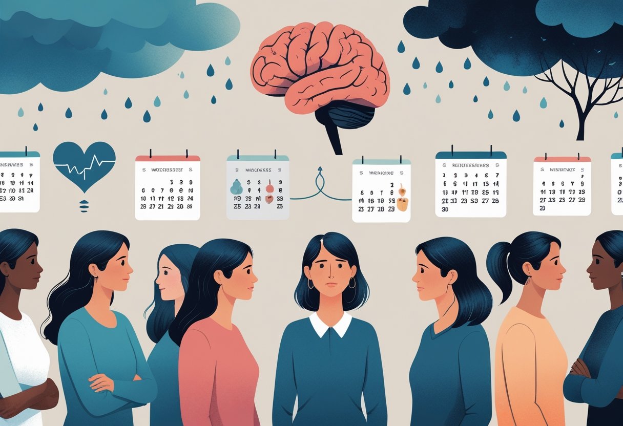 A group of diverse women surrounded by symbolic elements representing mood disorder risk factors, including clouds, a broken heart, a brain, a calendar, and a family tree.