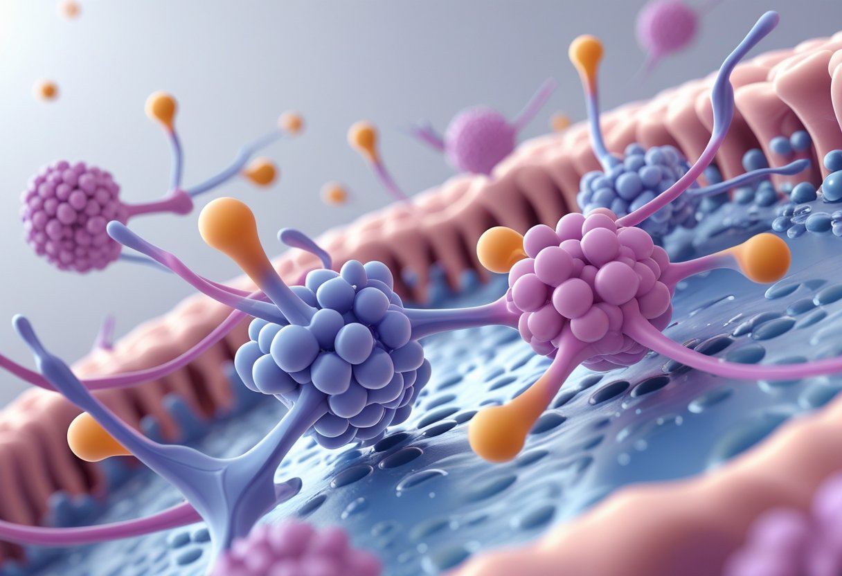 Close-up illustration of a female cell membrane showing hormone receptors with hormone molecules binding to them.