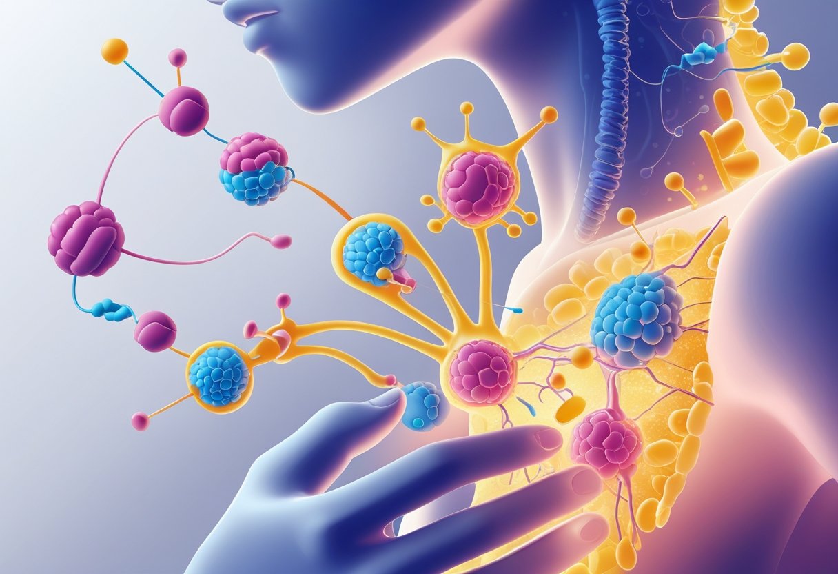 Illustration showing a female figure with highlighted hormone receptors on cell membranes in the breast area, including HER2 and other receptors interacting with hormone molecules.