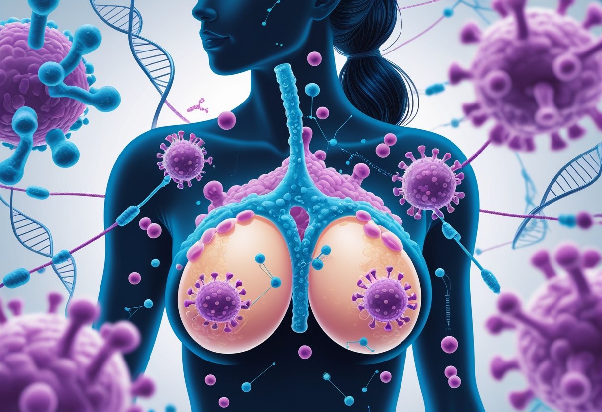 Illustration of a female figure with highlighted breast tissue showing hormone receptors interacting with hormone molecules at the cellular level, representing hormone receptors and cancer in women.
