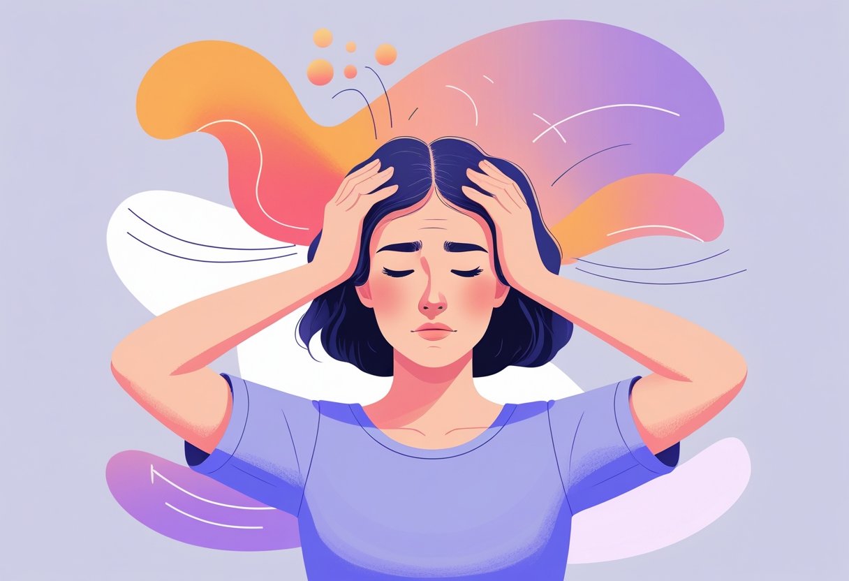 A woman holding her head in pain, indicating a migraine, with abstract shapes around her head representing hormonal changes.