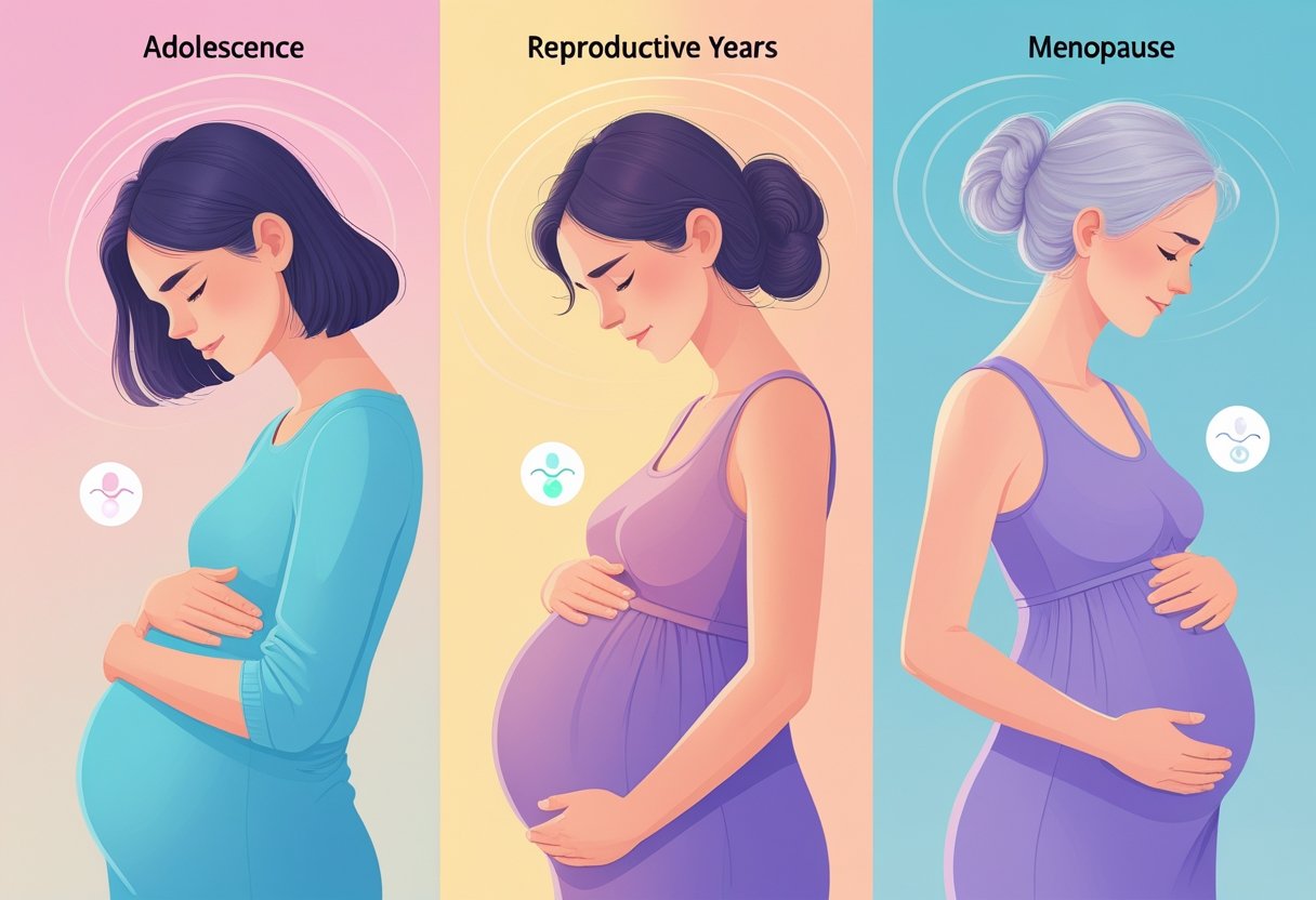 Illustration showing four women at different life stages experiencing hormonal migraines, from adolescence to menopause, with visual effects around their heads representing migraine pain.