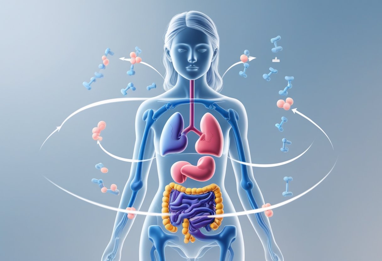 Illustration of a woman showing internal organs, highlighting the liver and kidneys involved in estrogen clearance with arrows indicating hormone movement.
