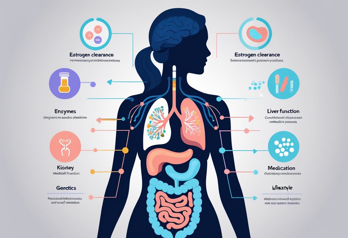 Illustration of a female figure showing internal organs related to estrogen clearance with surrounding symbols representing factors like age, genetics, medication, and lifestyle.