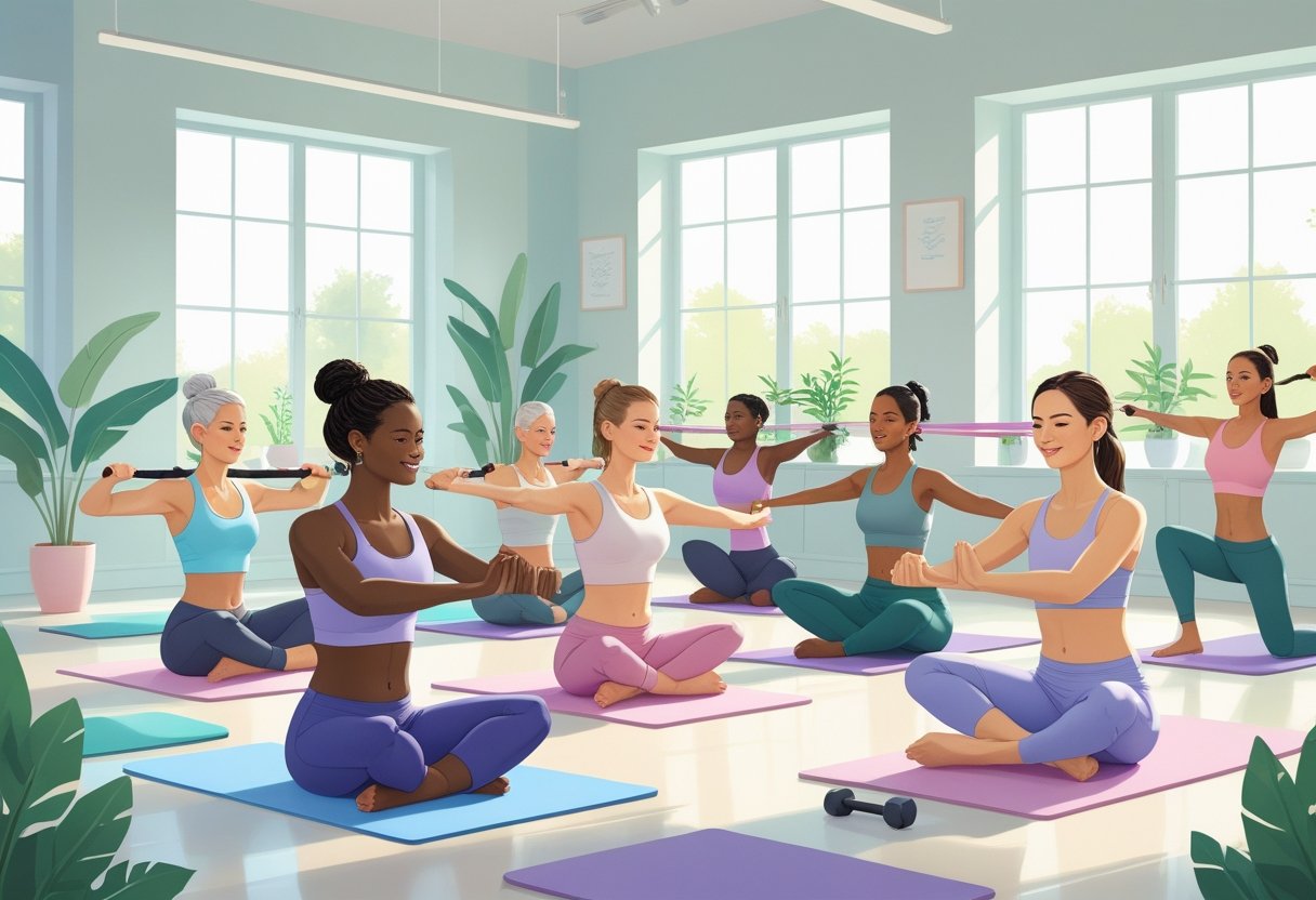 A group of diverse women exercising gently in a bright fitness studio, performing yoga, stretching, and light resistance training.
