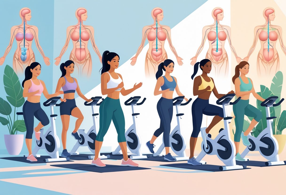A group of diverse women exercising with yoga, light weights, and stationary bikes in a bright gym with subtle anatomical diagrams in the background.