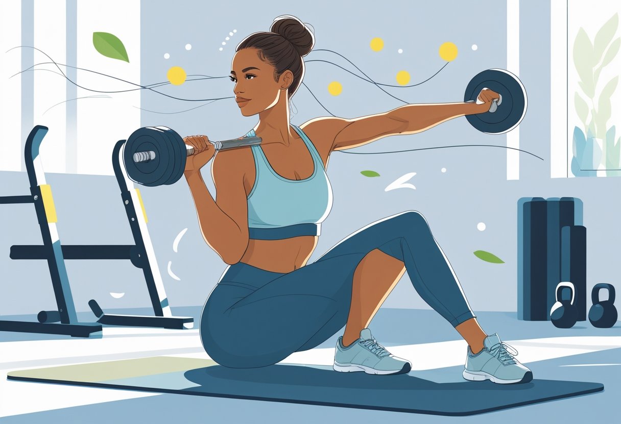 A woman doing a dumbbell curl in a bright gym with fitness equipment around her, symbolizing strength training and hormonal balance.
