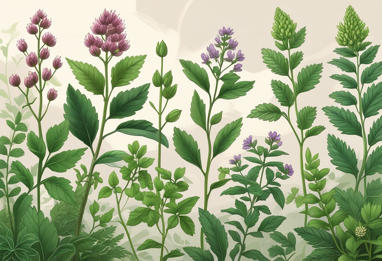 A detailed illustration of various green herbs known to be safe for women's hormone health, arranged together on a neutral background.